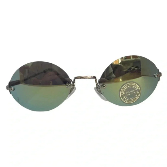 Vintage Y2K Rimless Round Mirrored Sunglasses | Green-Gold Iridescent Lenses - Picture 2 of 10